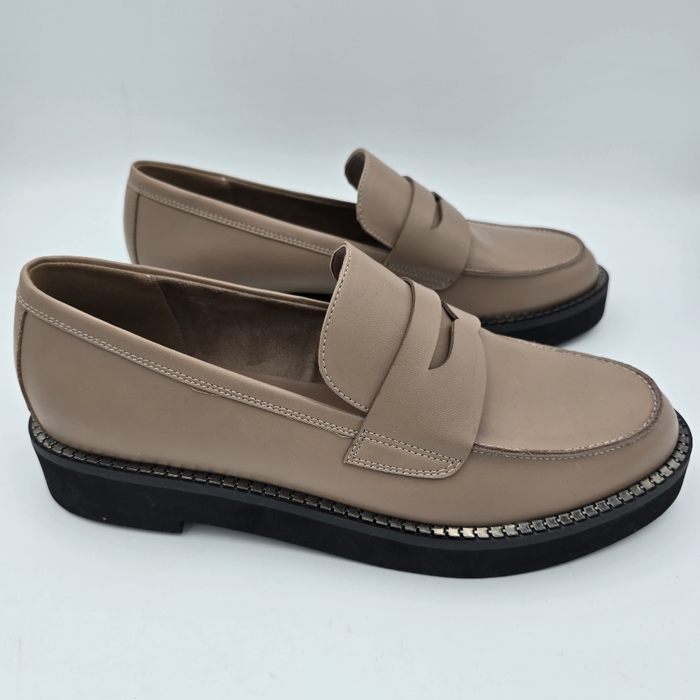 BCBGeneration Taupe Leather Loafers with Chain-Trim Sole - Picture 3 of 16